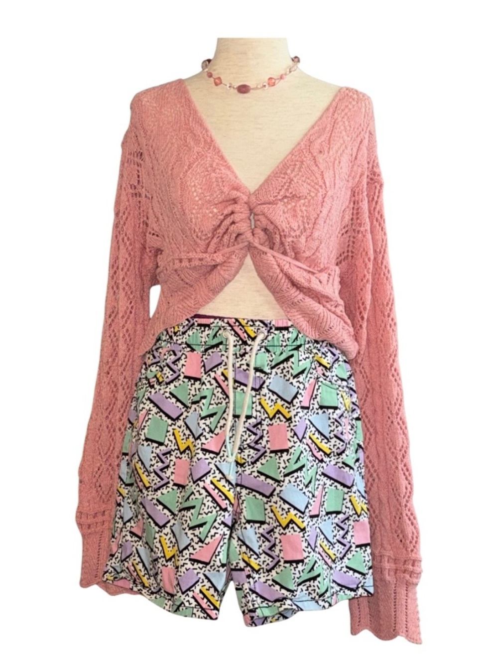 Y2K Retro Geometric Shorts Colorful 90s Vibe Funky Print M